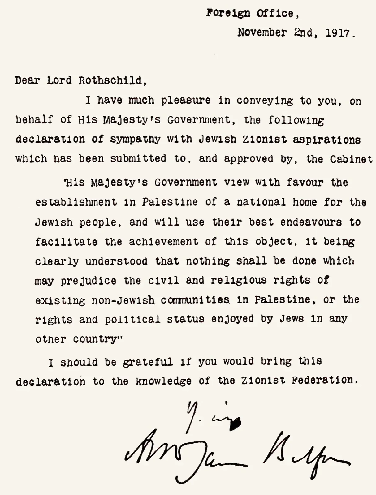 The typed letter of the Balfour Declaration, November 2, 1917, signed by Arthur Balfour.